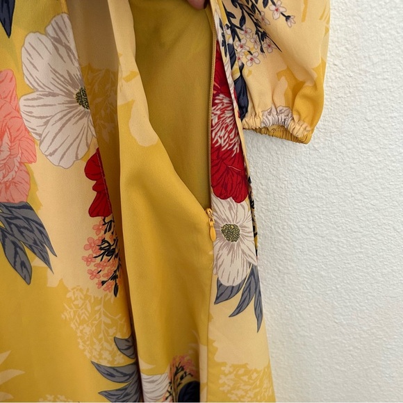 Eliza J Wrap Midi Dress Floral Puff Sleeve Fall Yellow Red Blue Size 2P Petite - Picture 8 of 14